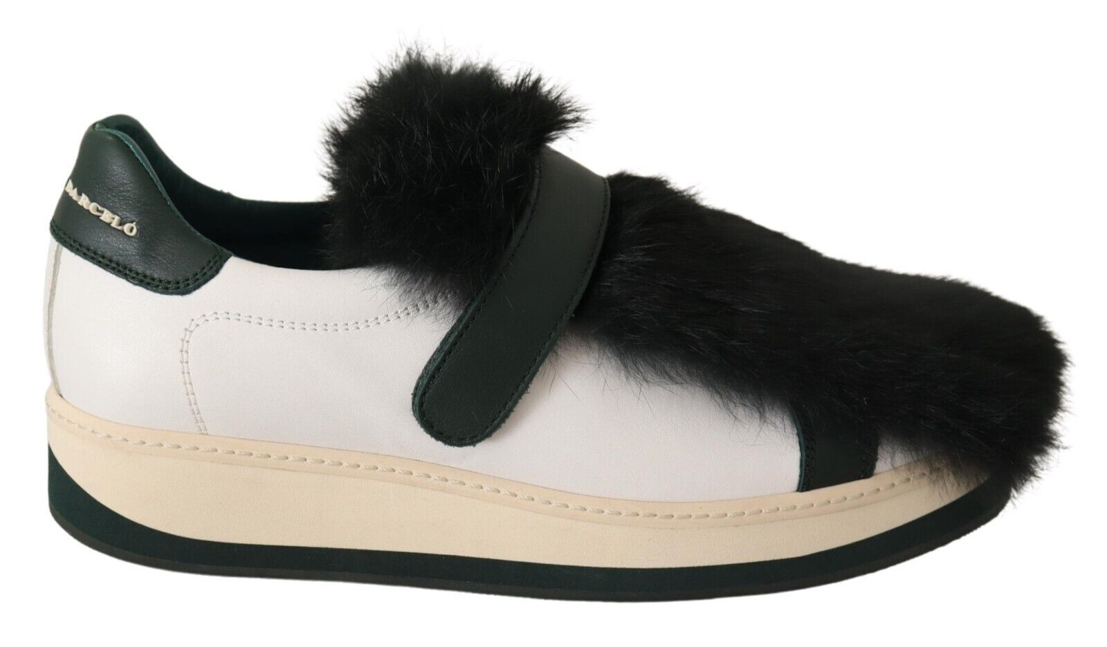 MANUEL BARCELO White Leather Black Fur Low Top Sneakers Shoes - Fizigo