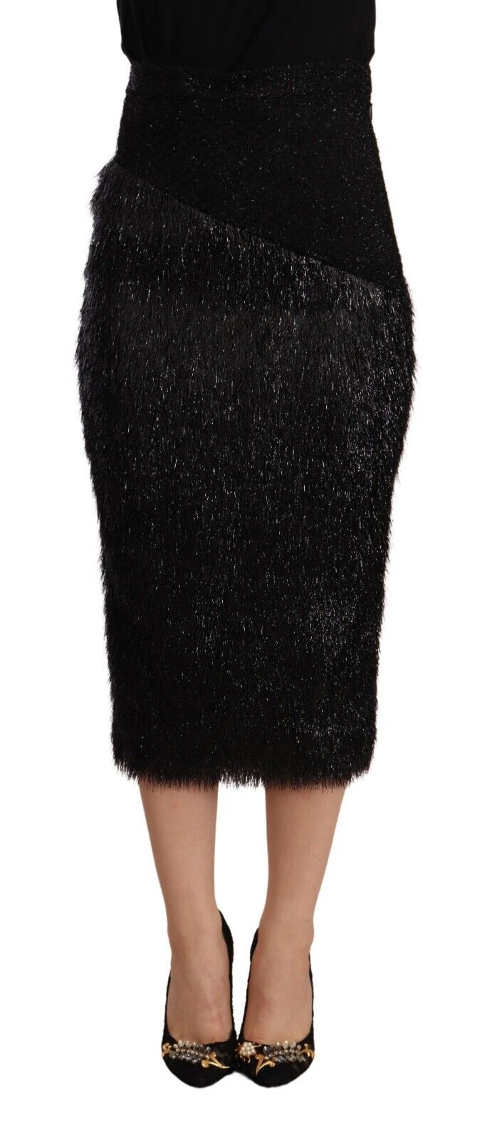 Masha Ma Black Tinsel High Waist Pencil Midi Viscose Skirt - Fizigo