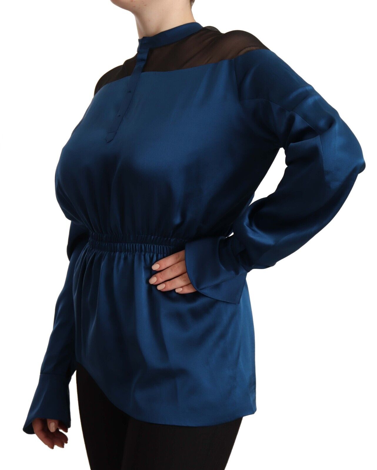 Masha Ma Blue Silk Long Sleeves Elastic Waist Top Blouse - Fizigo