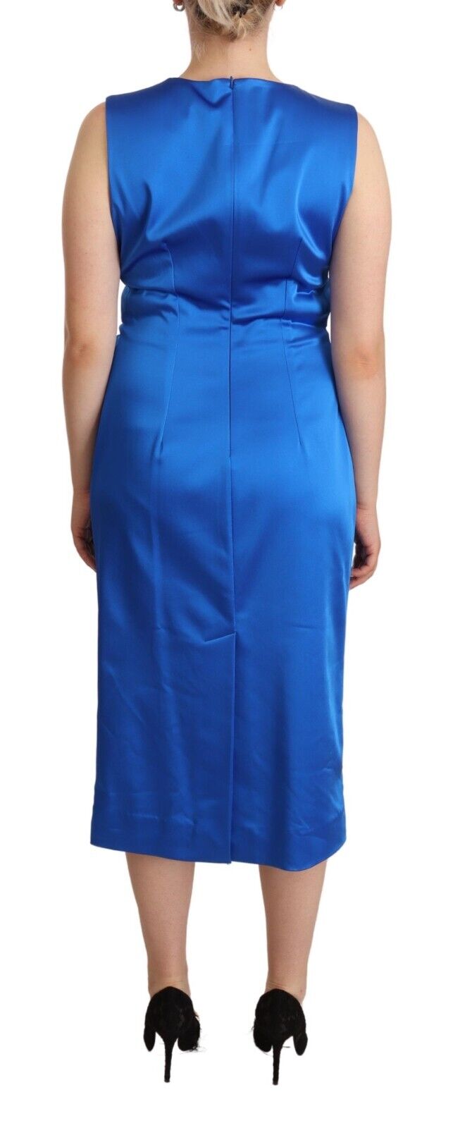 P.A.R.O.S.H. Blue Acetate Sleeveless Pleated Midi Sheath Dress - Fizigo