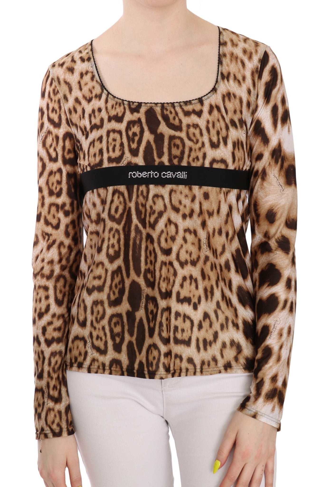 Roberto Cavalli Brown Round Neck Leopard Women Top Blouse - Fizigo