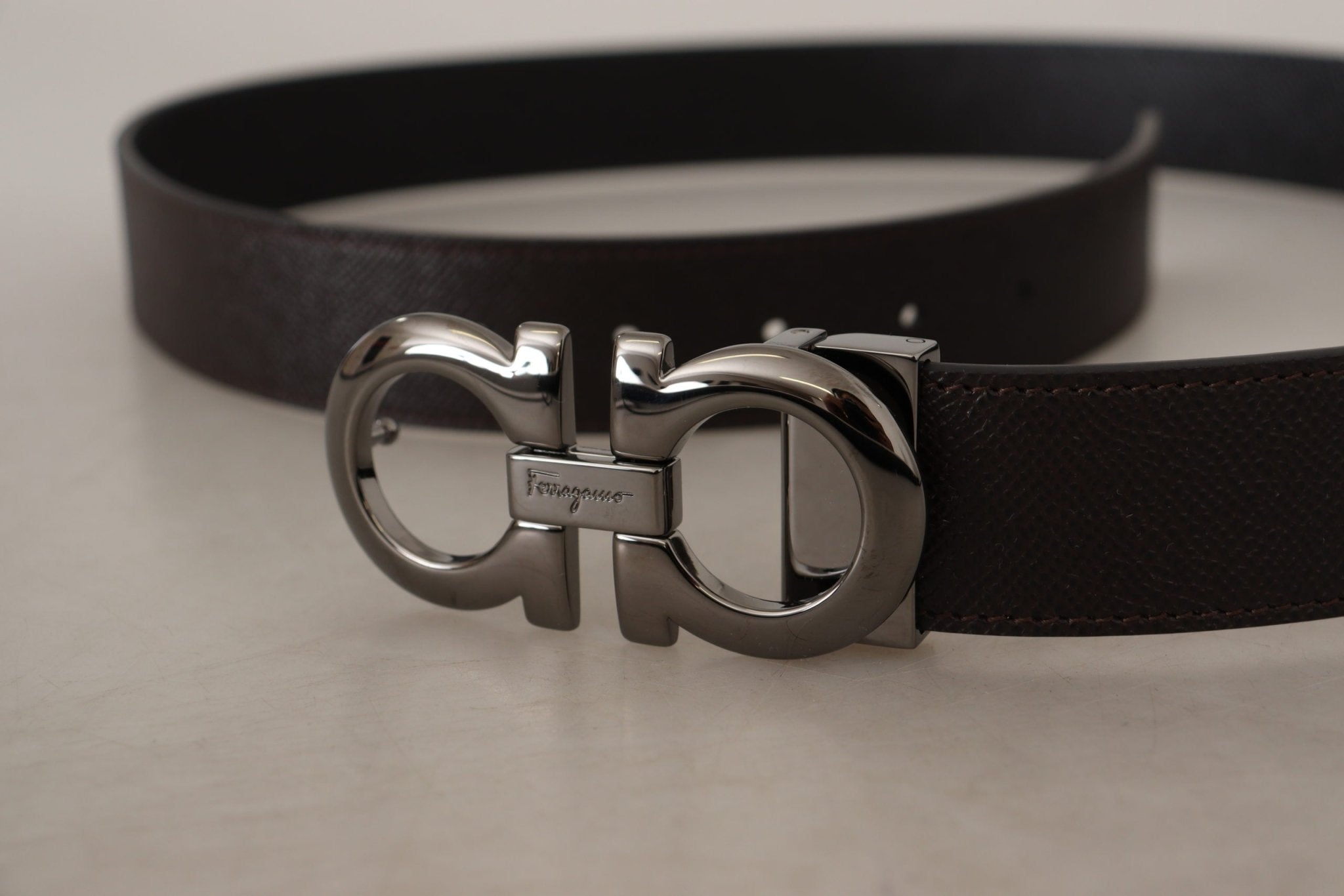 Salvatore Ferragamo Dark Brown and Black Calf Leather Reversible Belt - Fizigo