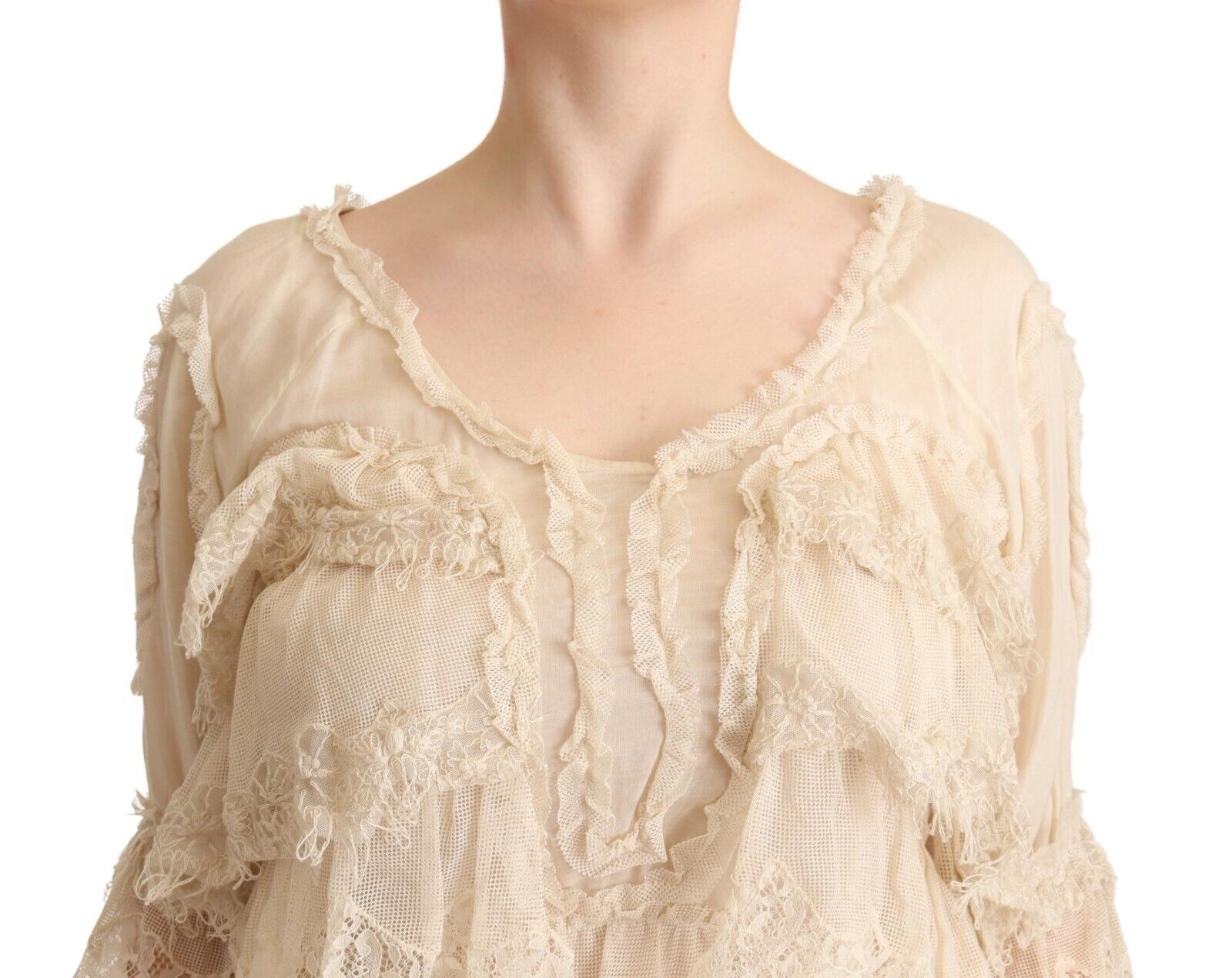 Twinset Beige 3/4 Sleeves Layered Lace Knee Length Dress - Fizigo