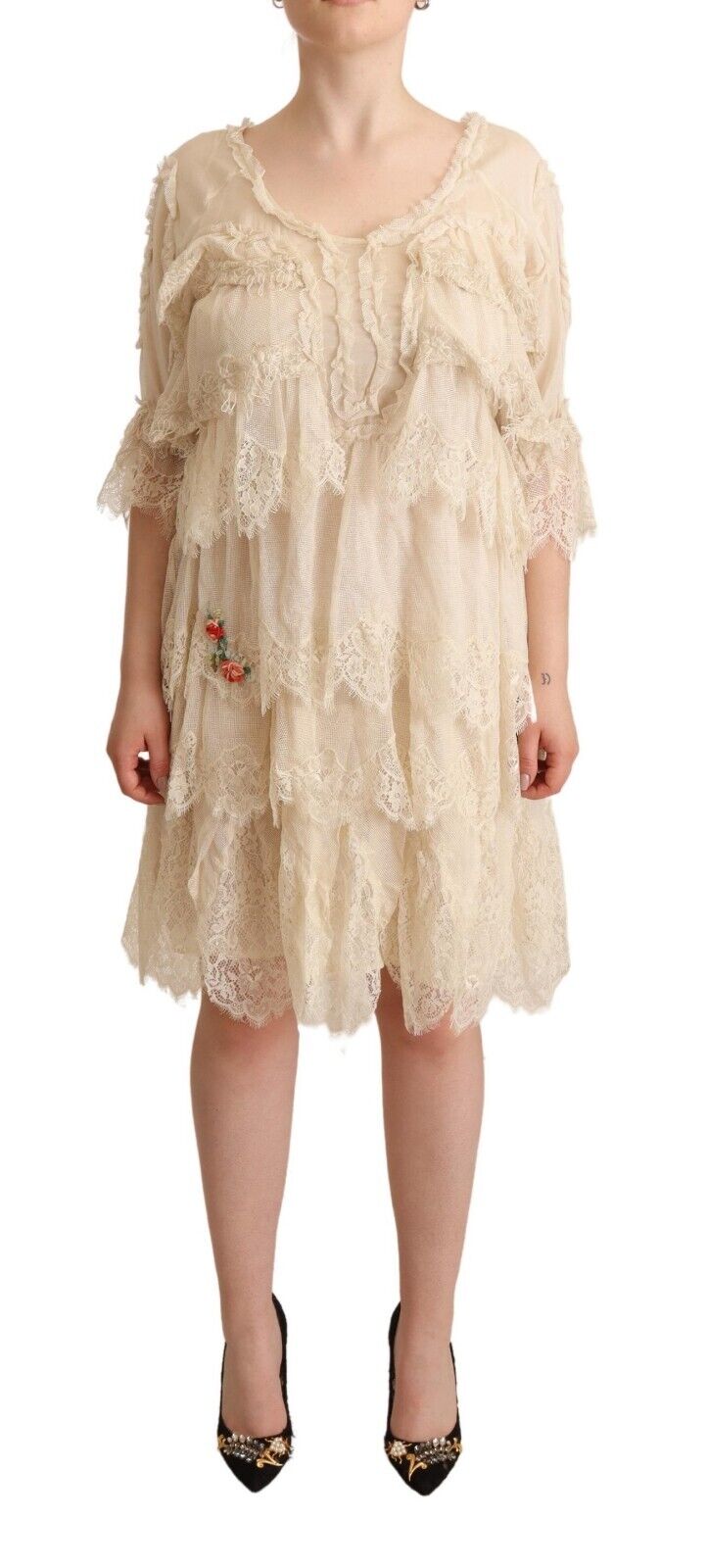 Twinset Beige 3/4 Sleeves Layered Lace Knee Length Dress - Fizigo